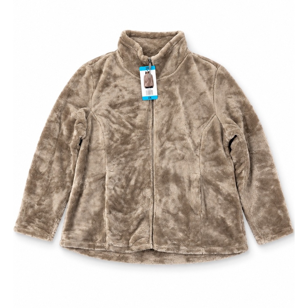32 Degrees Heat Jacket Womens 2X Taupe Faux Fur Plush Full Zip Cozy Soft NWT